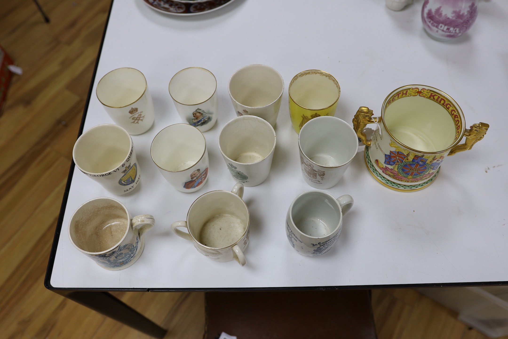 A collection of 19th/20th century commemorative ceramics including a Paragon QEII coronation commemorative Loving cup